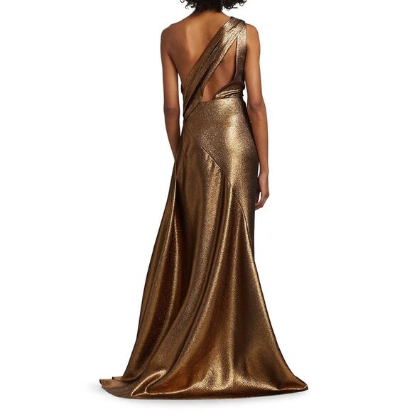 Elegant Metallic Reem Acra One-Shoulder Gown - Picture 4 of 11